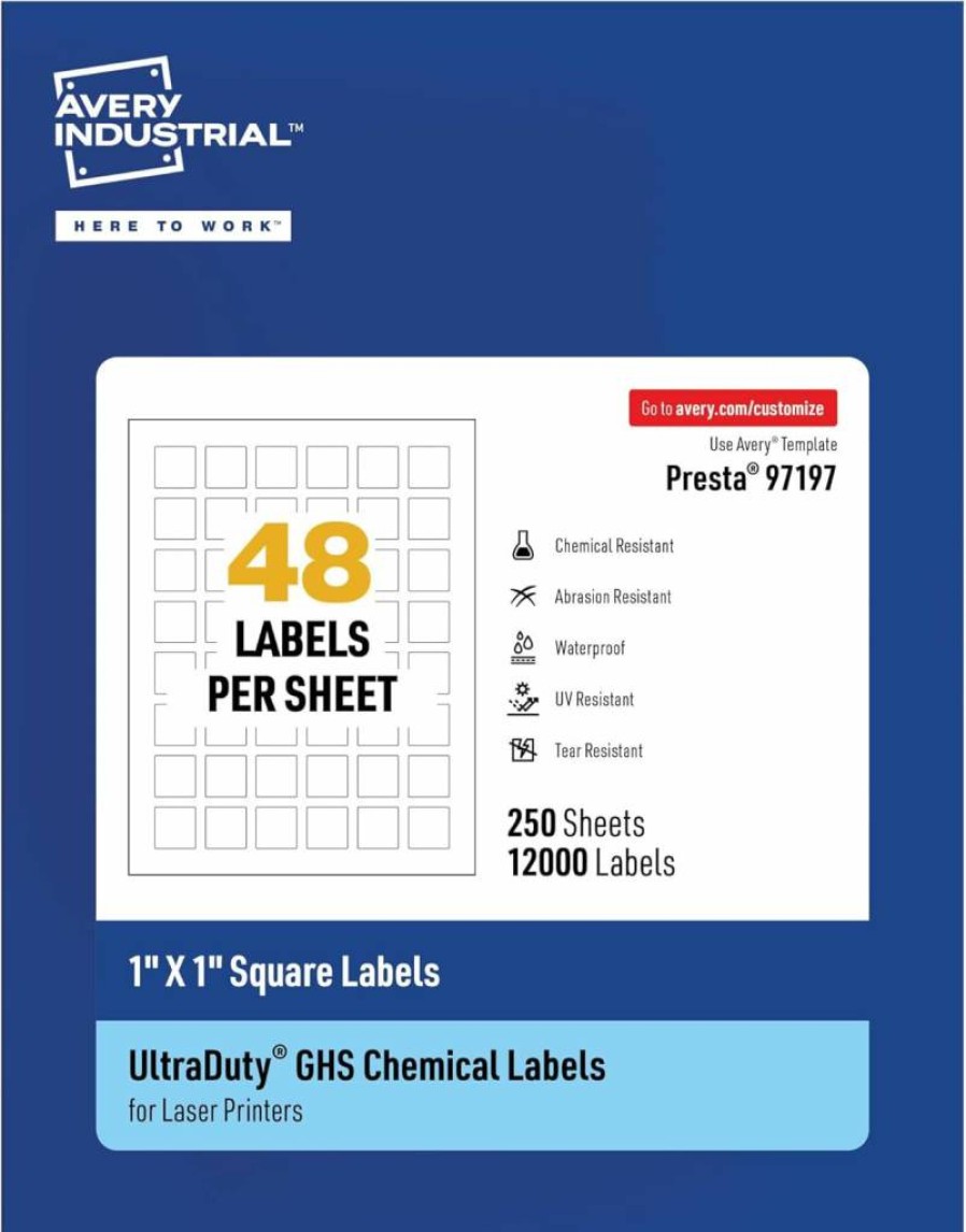 Avery UltraDuty GHS Waterproof Labels, 1" x 1" White Square, 1200-Pack, Laser Printer Compatible