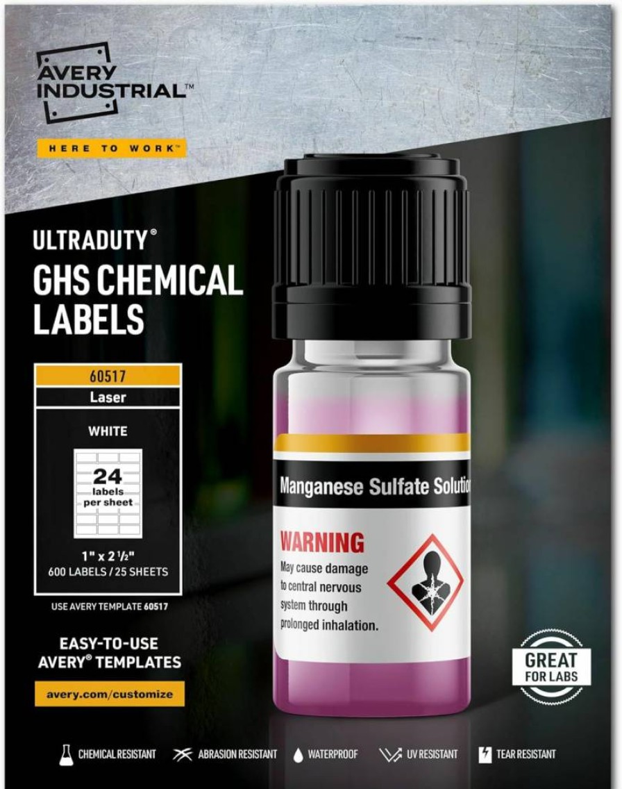 AVERY 60517 Ultraduty GHS Chemical Labels for Laser Printers, 1" x 2.5", Waterproof & UV Resistant, 600 Labels/Pack