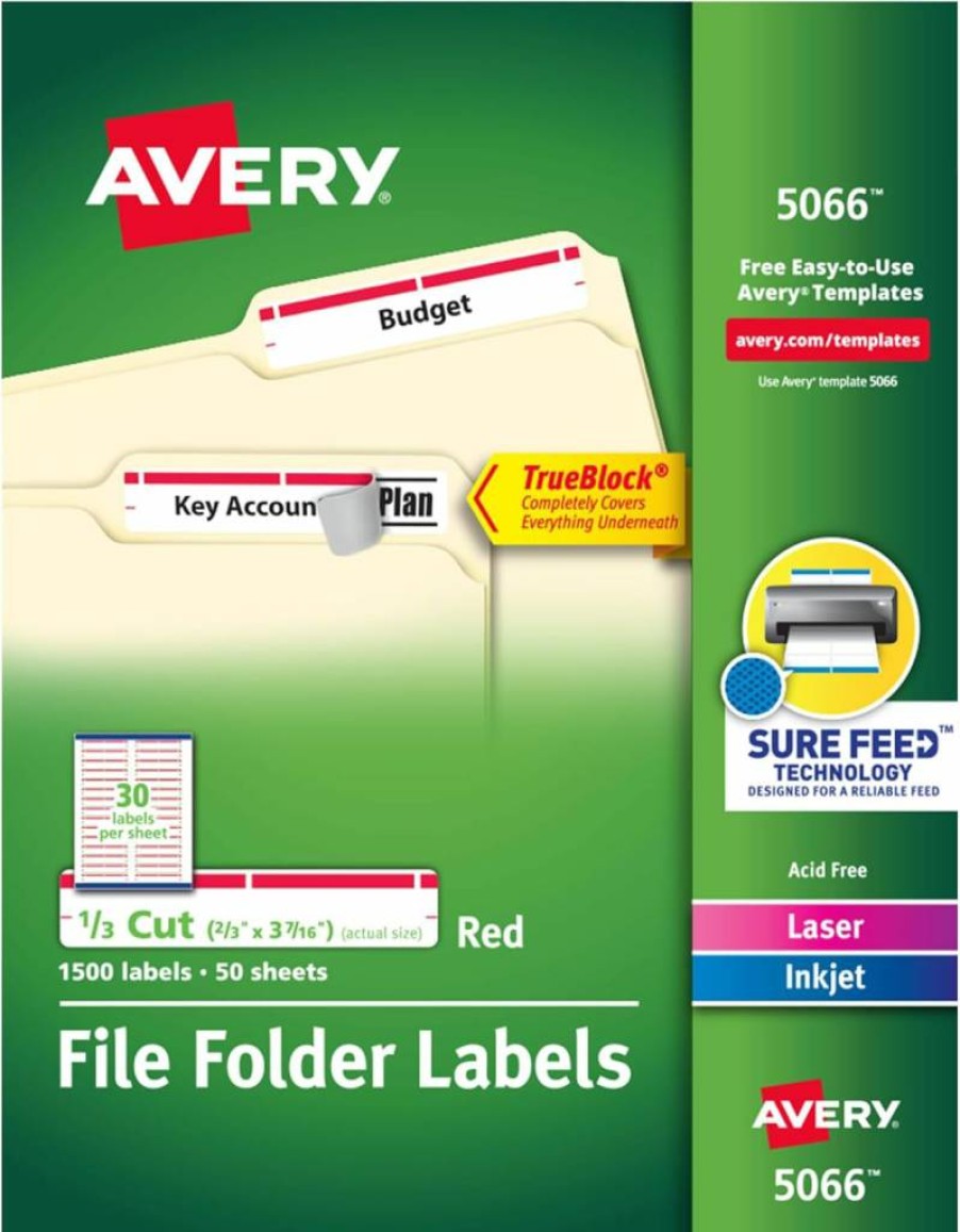 Avery Trueblock Permanent File Folder Labels, 2/3" x 3-7/16", 1,500 White/Red Printable Labels (5066) for Laser/Inkjet Printers