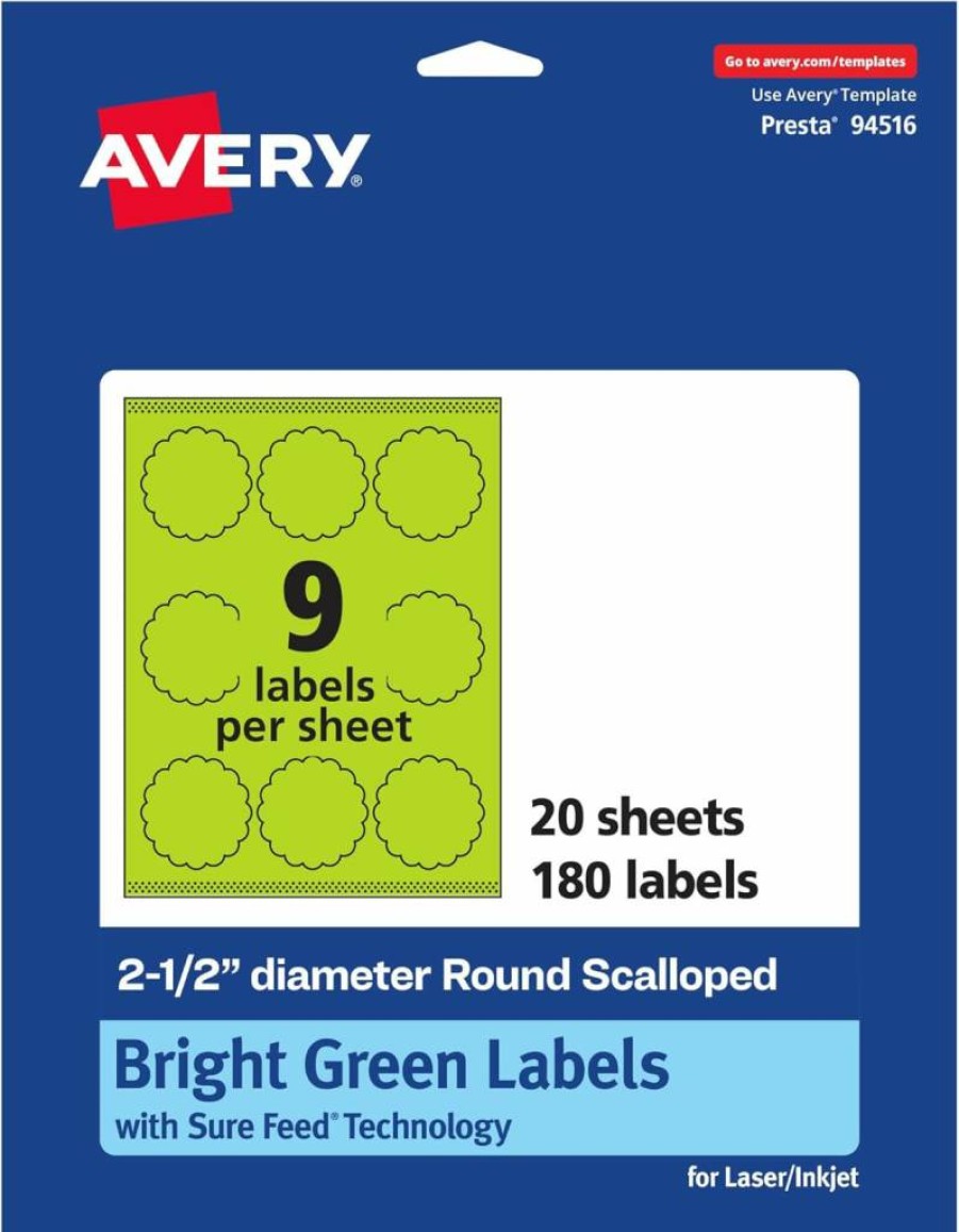 Avery 2-1/2" Round Bright Green Printable Labels with Sure Feed Technology, Scalloped Edge for Laser/Inkjet Printing, 90-Pack for Mailing Seals & Candle Decor