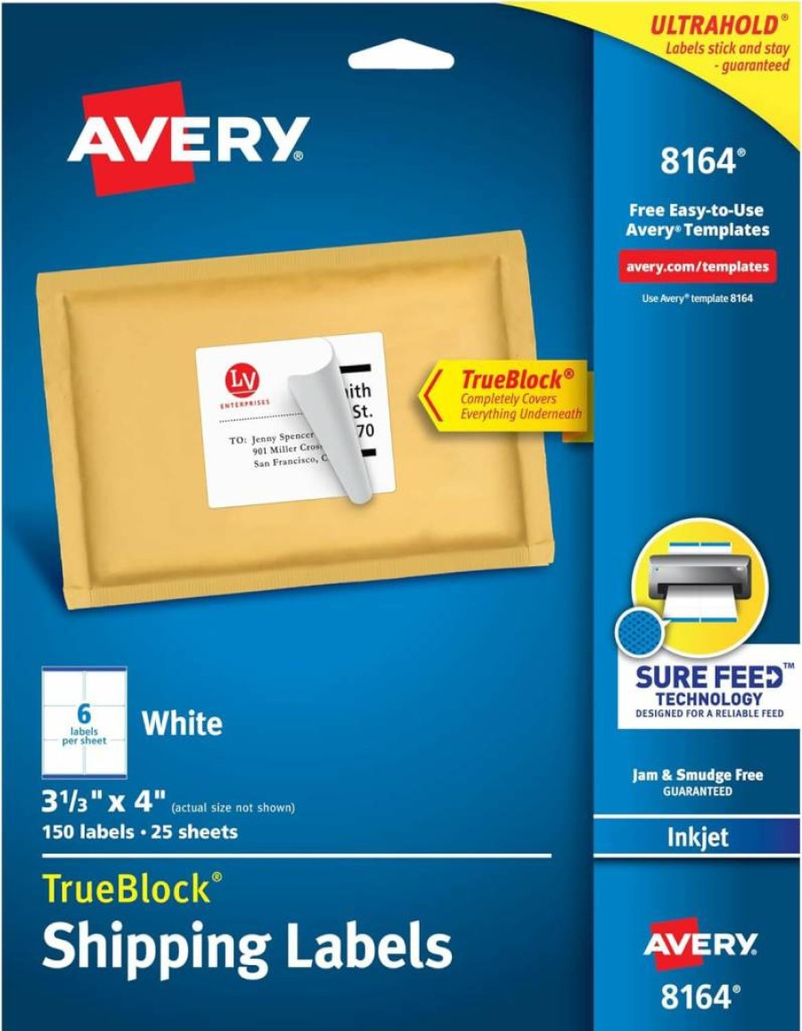 AVERY 8164 Trueblock Shipping Labels for Inkjet Printers, 3.33" x 4", 750 Labels (5 Packs of 150), White, Permanent Adhesive