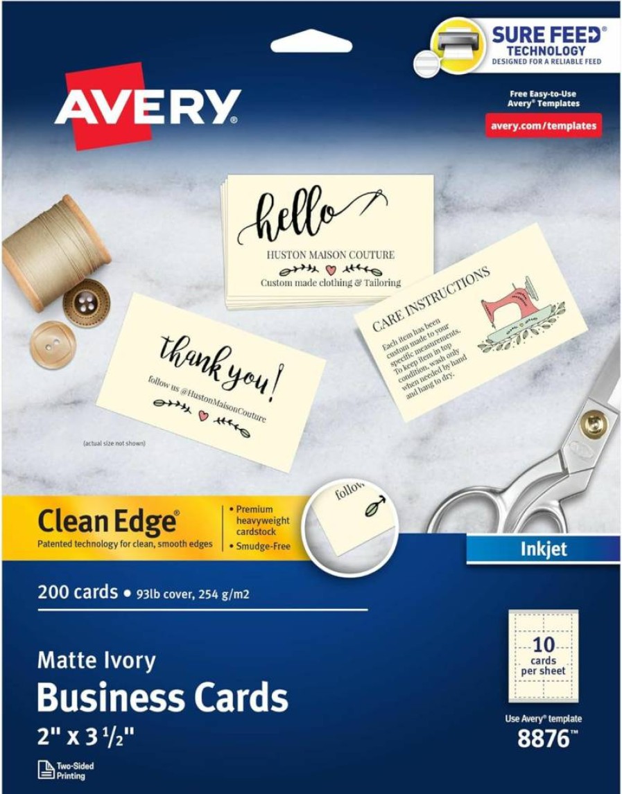 AVERY 08876 Sure Feed Printable Business Cards, 2" x 3.5" Ivory, 200 Blank Clean Edge Cards for Inkjet Printers