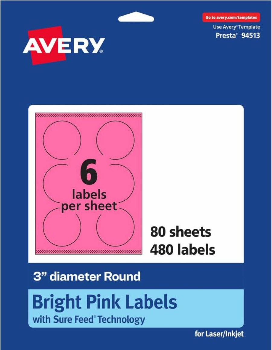 AVERY Bright Pink 3" Round Printable Labels with Sure Feed Technology, 60-Pack for Laser/Inkjet Printing, Edge-to-Edge Design, Ideal for Soaps & Product Packaging