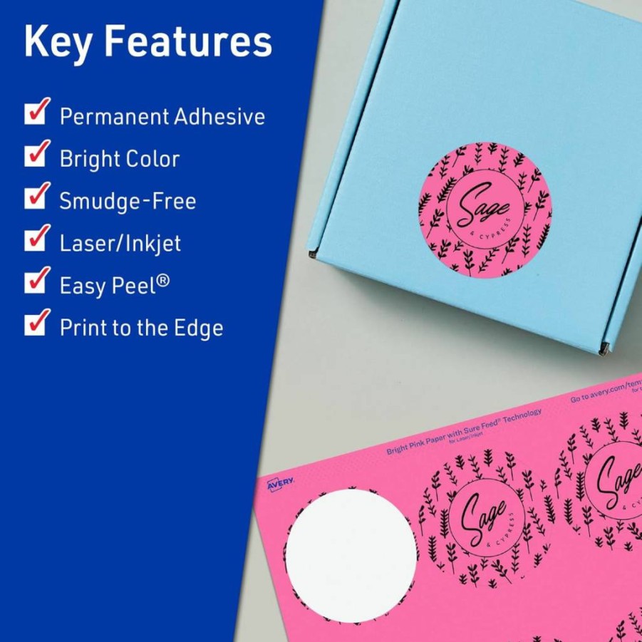 AVERY Bright Pink 3" Round Printable Labels with Sure Feed Technology, 60-Pack for Laser/Inkjet Printing, Edge-to-Edge Design, Ideal for Soaps & Product Packaging