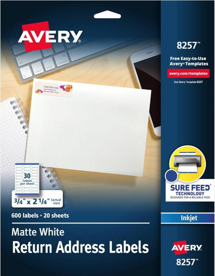 Avery 8257 White Matte Address Labels, 3/4" x 2-1/4", 600 Permanent Adhesive Labels with Sure Feed Technology for Inkjet Printers