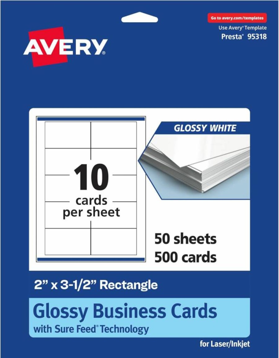 AVERY Glossy White Printable Business Cards, 2" x 3.5", Sure Feed Technology, Edge-to-Edge Printing, 100-Pack for Laser/Inkjet Printers
