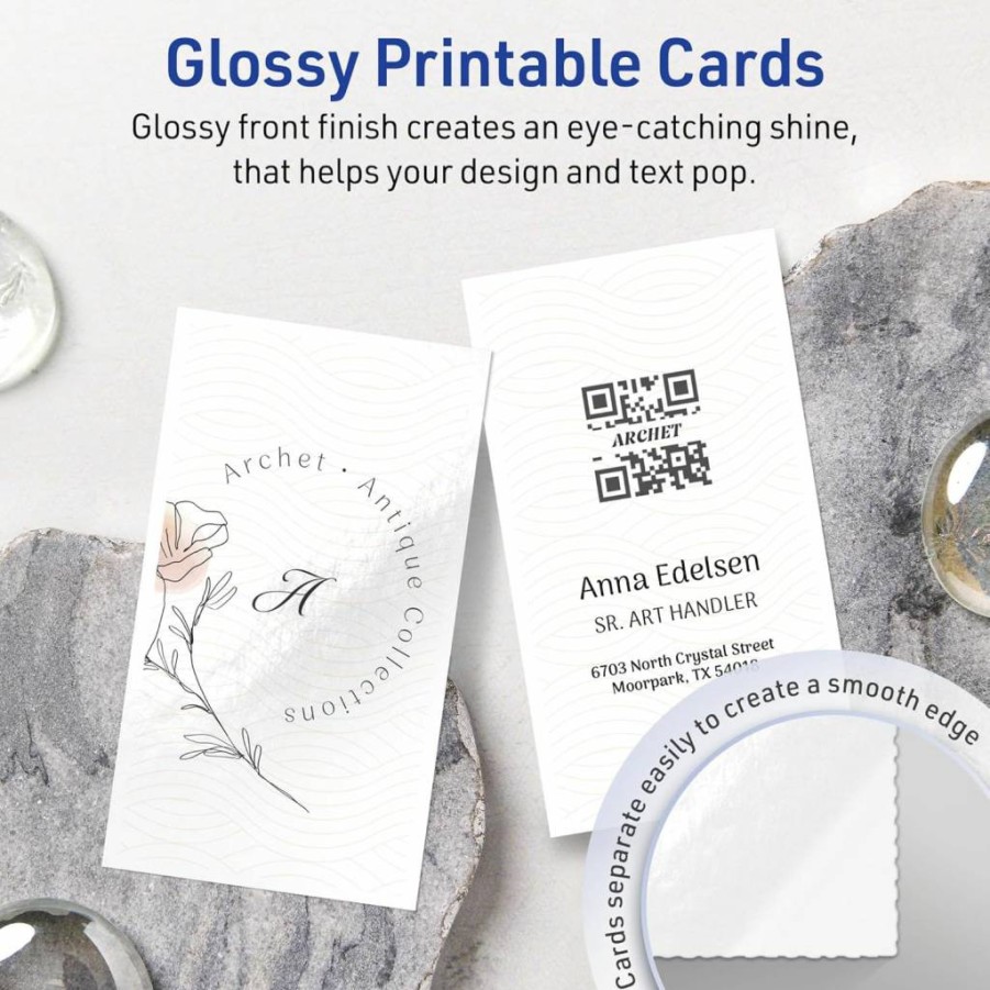 AVERY Glossy White Printable Business Cards, 2" x 3.5", Sure Feed Technology, Edge-to-Edge Printing, 100-Pack for Laser/Inkjet Printers