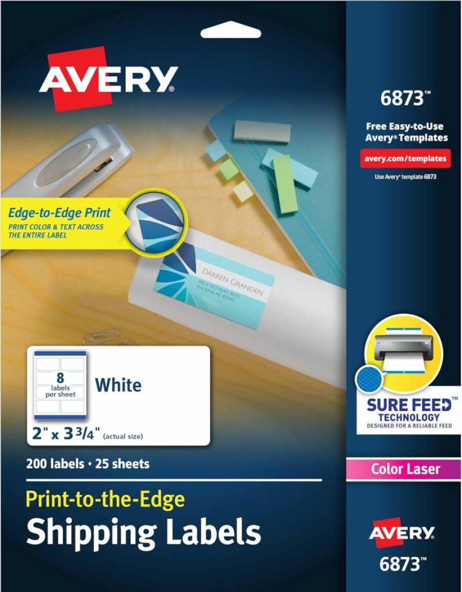 AVERY 6873 Printable Shipping Labels, 2" x 3.75" White Mailing Labels, 200 Blank Labels with Sure Feed Technology for Laser/Inkjet Printers