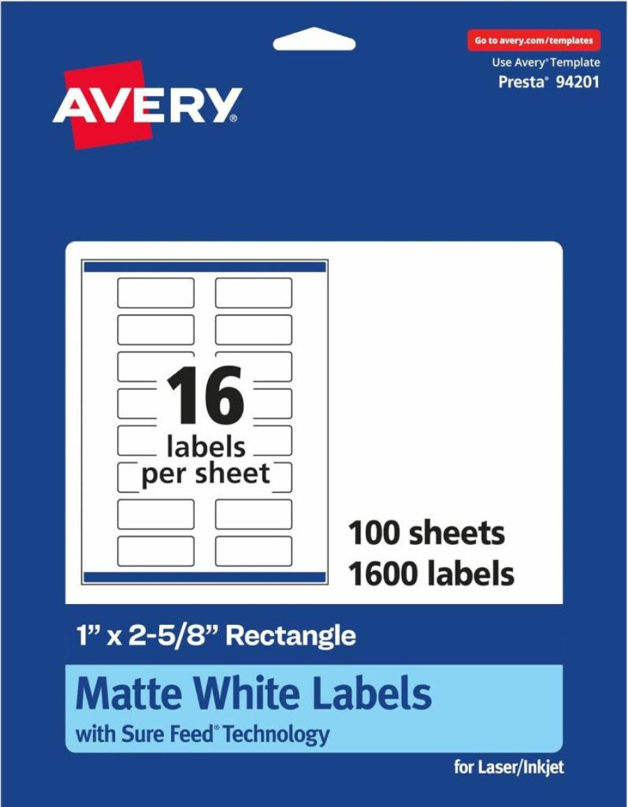 Avery Matte White Printable Labels 1" x 2-5/8" with Sure Feed Technology, 400 Count for Laser/Inkjet Printers