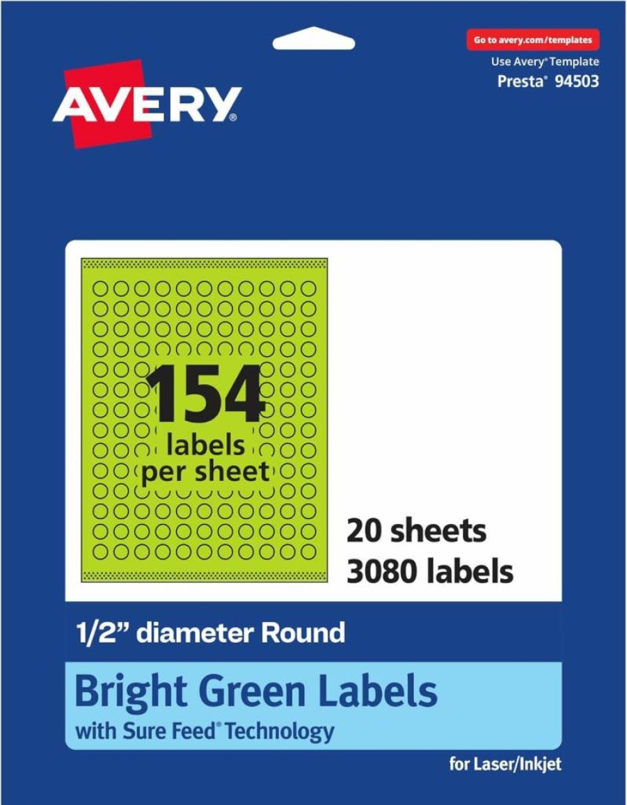 Avery 1/2" Round Printable Labels with Sure Feed Technology, Bright Green, Print-to-the-Edge for Laser/Inkjet, 1,540 Pack - Ideal for Price Stickers & Mailing Seals