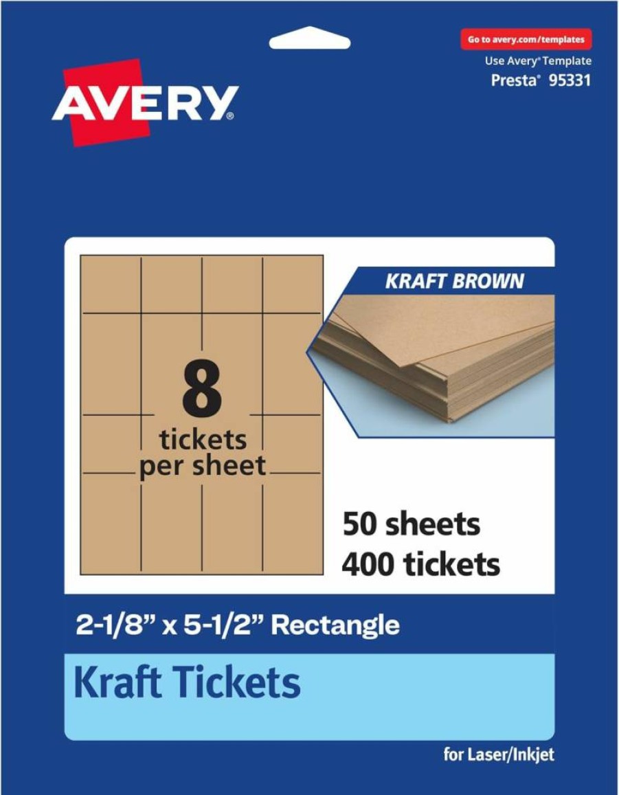 Avery Kraft Brown Printable Tickets 2-1/8" x 5-1/2" for Laser/Inkjet Printing, 400-Pack Cardstock