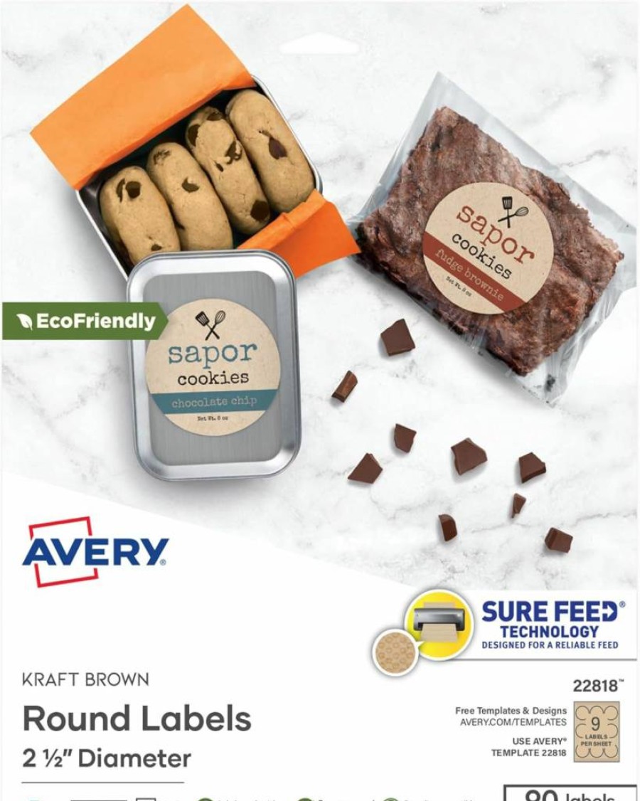 Avery 22808 Round Kraft Brown Labels, 2.5" Diameter, Sure Feed Technology, Edge-to-Edge Printing, Laser/Inkjet Compatible, 225-Pack