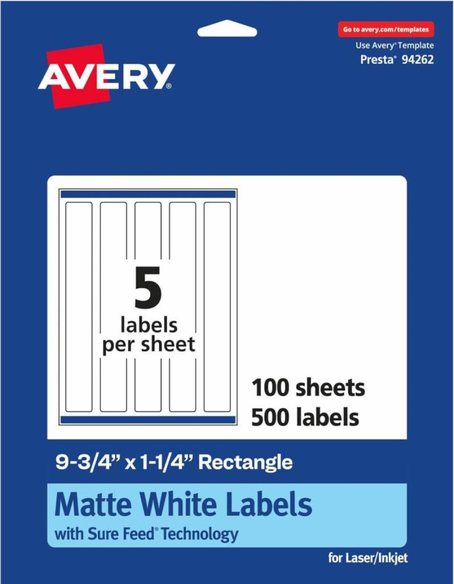 Avery Matte White Printable Rectangle Labels with Sure Feed Technology, 9.75" x 1.25", 125-Pack for Laser and Inkjet Printers