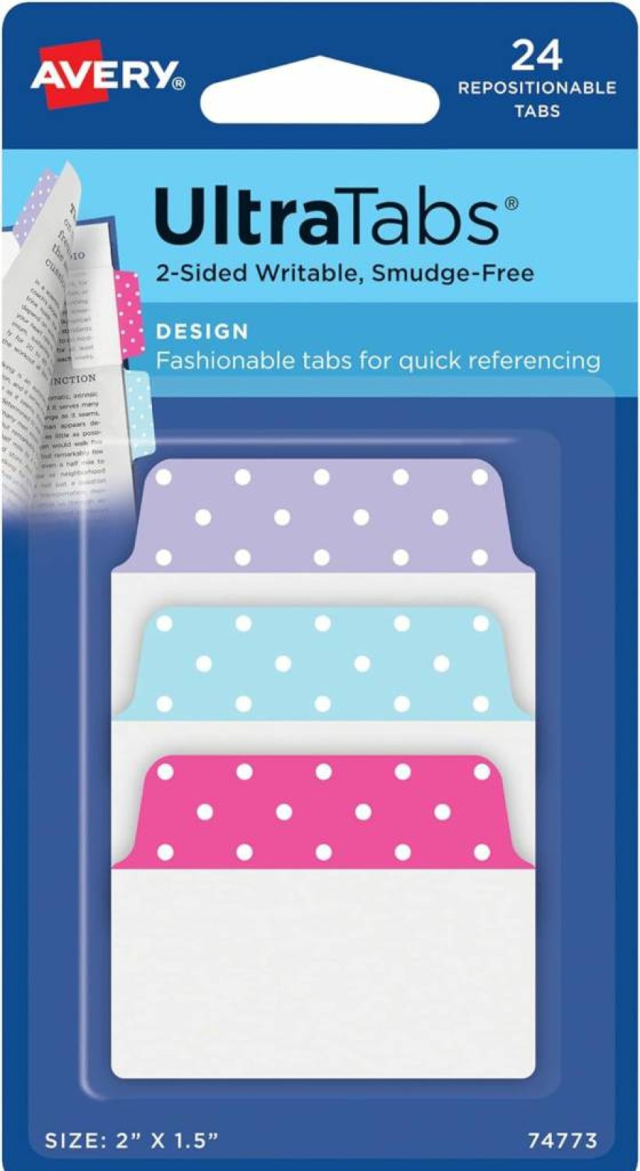 AVERY 74773 Repositionable Pastel Colored Tabs, 2" x 1.5", 2-Sided Writable, 24 Multi-Use Ultra Tabs for Organizing