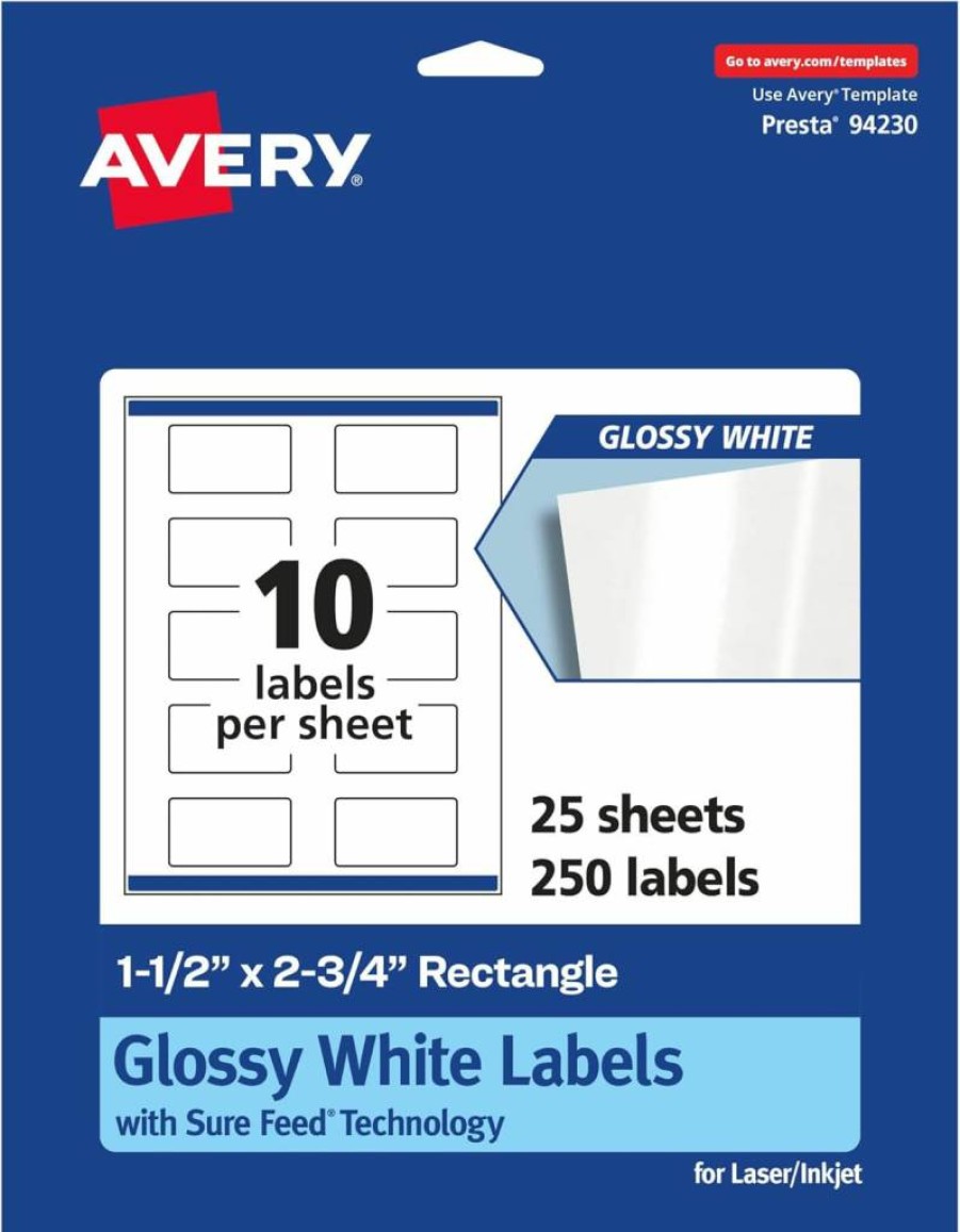 Avery 36456 Glossy White Rectangle Labels, 1.5" x 2.75", 100-Pack, Sure Feed Technology for Laser/Inkjet Printers