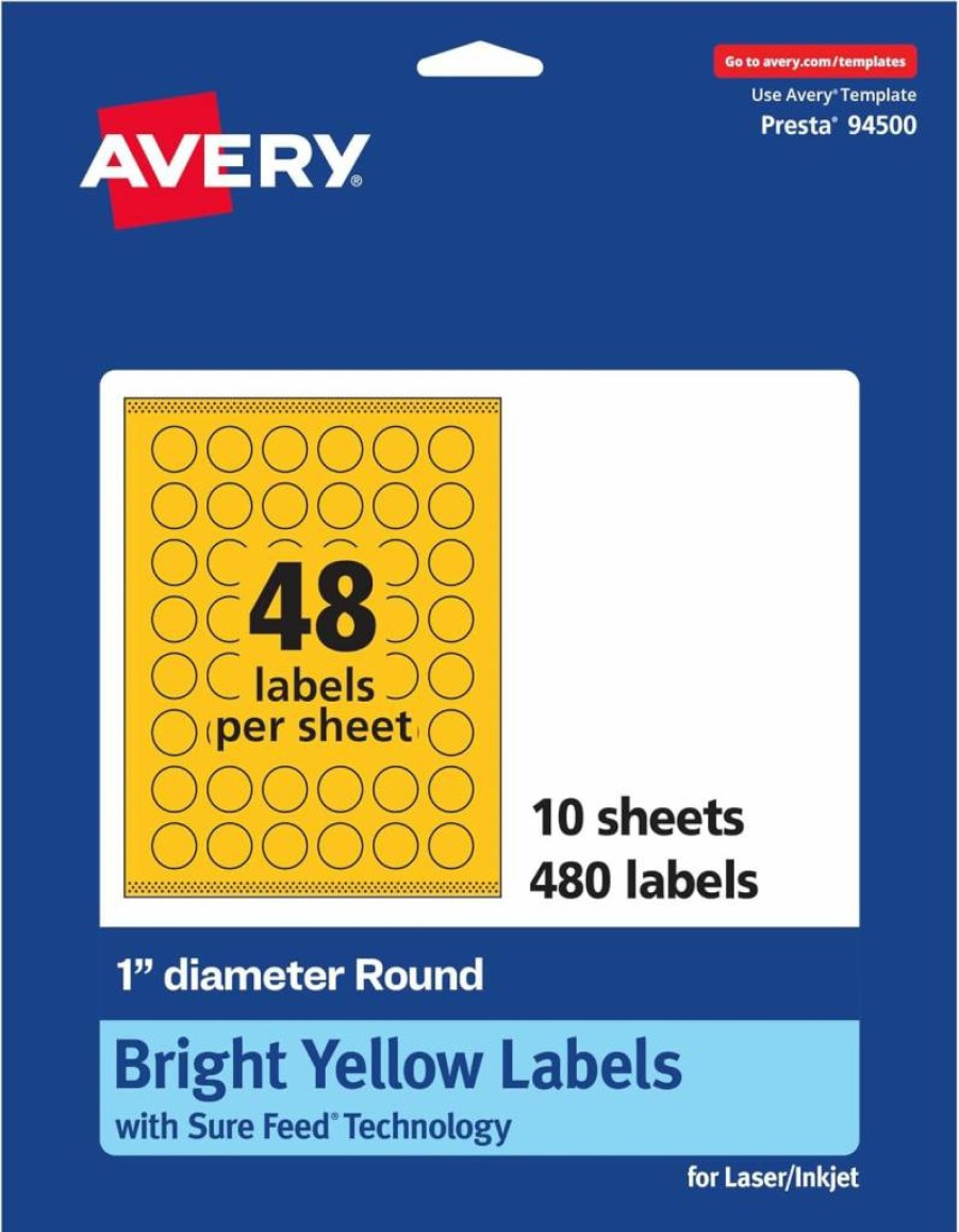 Avery 1" Round Printable Labels with Sure Feed Technology, Bright Yellow, Print-to-the-Edge for Laser/Inkjet, 480-Pack, Ideal for Price Stickers & Mailing Seals