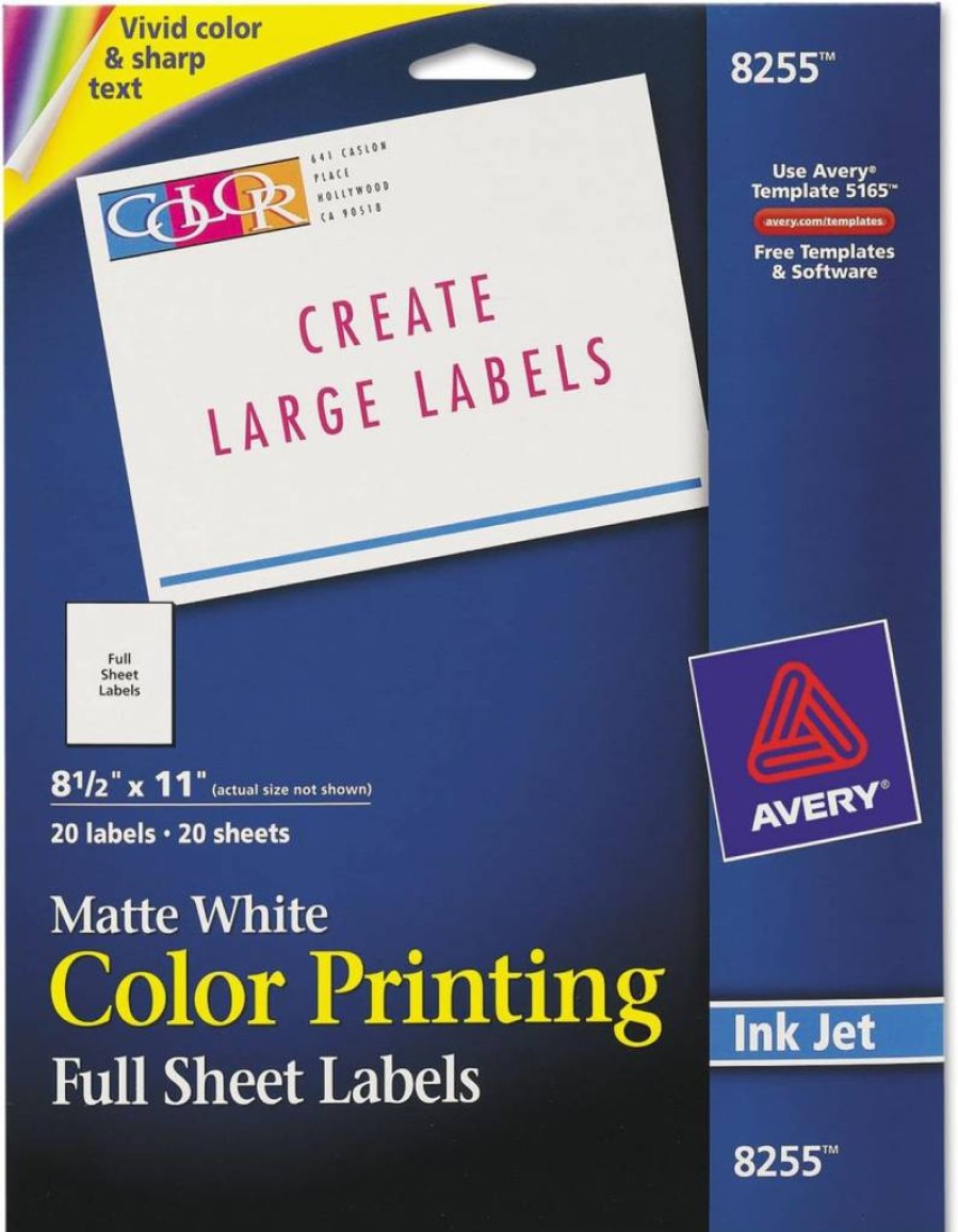 Avery 8255 Matte White Permanent Adhesive Shipping Labels, 8.5" x 11" Sheet, 20-Pack for Laser/Inkjet Printers