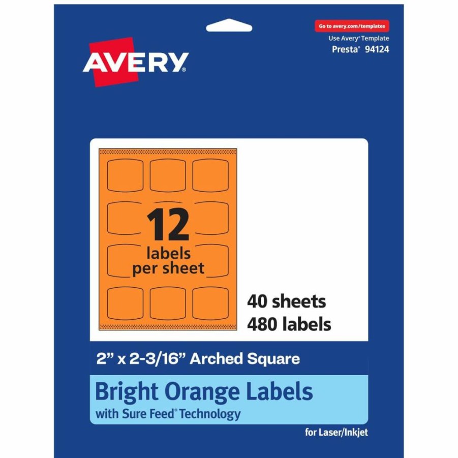 AVERY Bright Orange Printable Arched Square Labels, 2" x 2-3/16", Sure Feed Technology, 240 Pack, Laser/Inkjet Compatible, Print-To-The-Edge, Ideal for Cosmetics and Soaps Labeling
