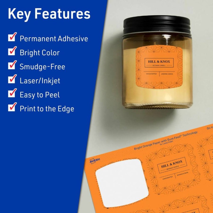 AVERY Bright Orange Printable Arched Square Labels, 2" x 2-3/16", Sure Feed Technology, 240 Pack, Laser/Inkjet Compatible, Print-To-The-Edge, Ideal for Cosmetics and Soaps Labeling