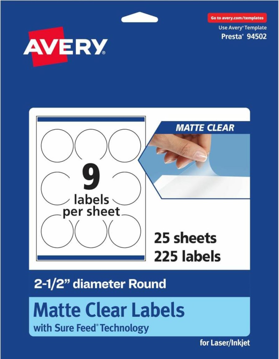 Avery Matte Clear Round Labels 2.5" - 90 Pack, Sure Feed Technology, Print-To-The-Edge, Laser/Inkjet Printable, Durable Adhesive