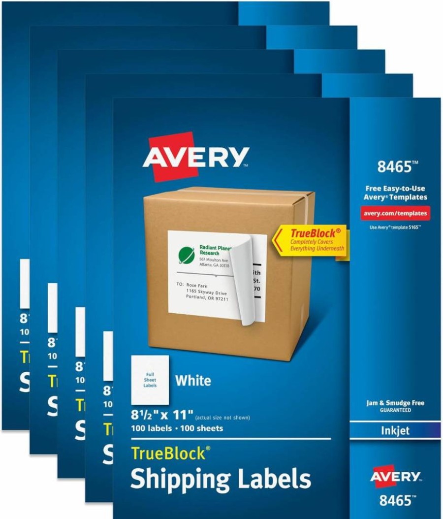 AVERY 8465 Full-Sheet Printable Shipping Labels, 8.5" x 11" White Customizable Mailing Stickers, 100 Blank Sheets for Shipping, Organizing & Packaging