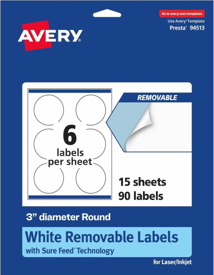 Avery Matte White Removable Round Labels 3" - 90 Pack, Sure Feed Technology, Print to Edge, Laser/Inkjet Compatible, Peel & Stick Labels for Home & Office