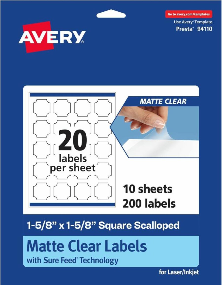 Avery Matte Clear Scalloped Square Labels 1-5/8" x 1-5/8" - 200 Pack, Sure Feed Technology, Print-To-The-Edge for Laser/Inkjet Printers