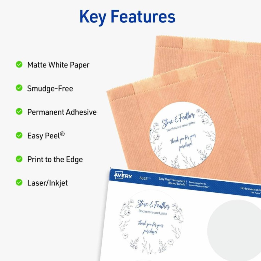 AVERY 5655 Matte White Printable Round Labels, 3" Diameter, 150 Pack, Permanent Adhesive, Laser/Inkjet Compatible, Sure Feed Technology, for Product Labeling, Favor Tags, Merchandising