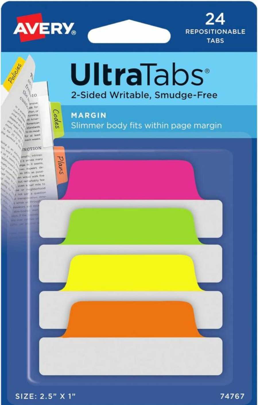AVERY 74769 Repositionable Sticky Tabs, 2.5 x 1 Inch Pastel Page Markers, 2-Side Writable, 72 Ultra Tabs for Notebooks & Books, Assorted Colors