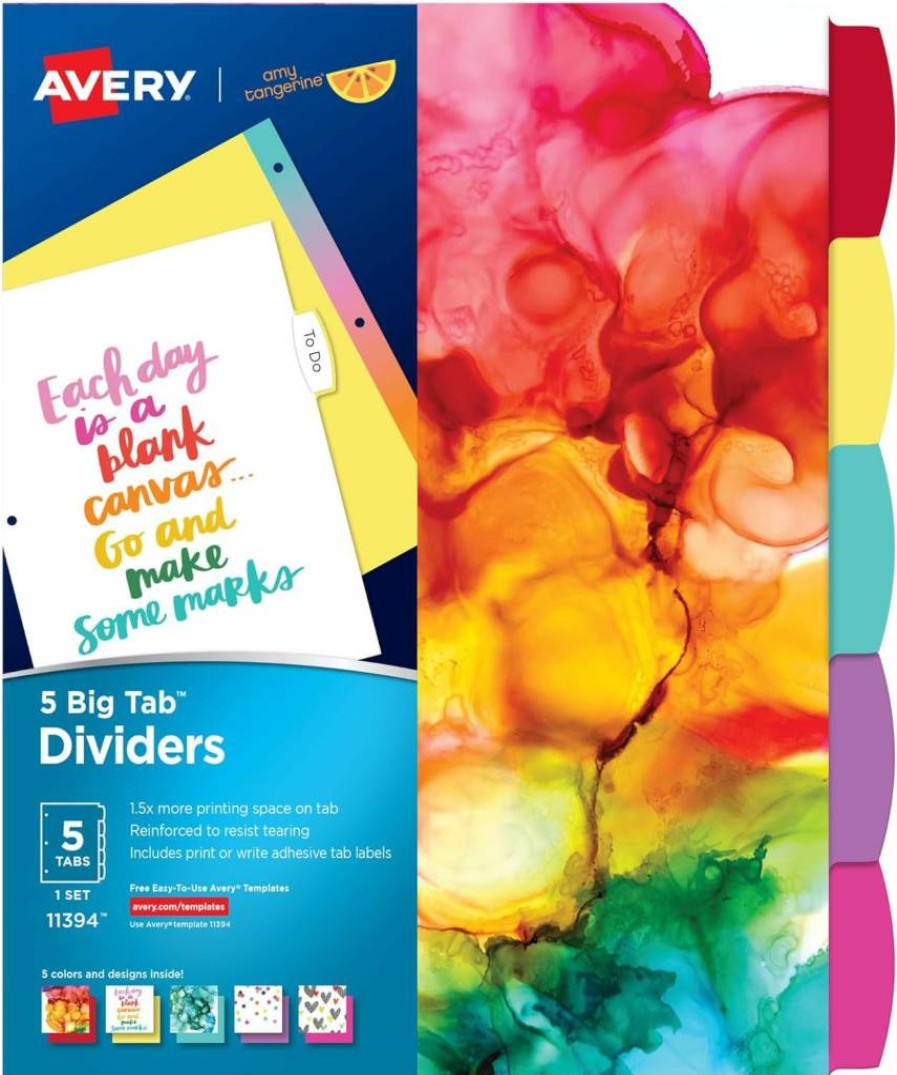 Avery 11394 Big Tab Dividers, 5-Tab Set, Tangerine & Rainbow Vibes, for 3-Ring Binders, Designer Collection