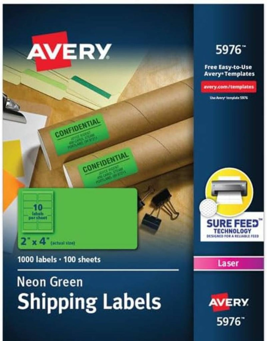 Avery 5976 Neon Green Printable Shipping Labels, 2" x 4" Size, 1,000 Blank Mailing Labels with Sure Feed Technology