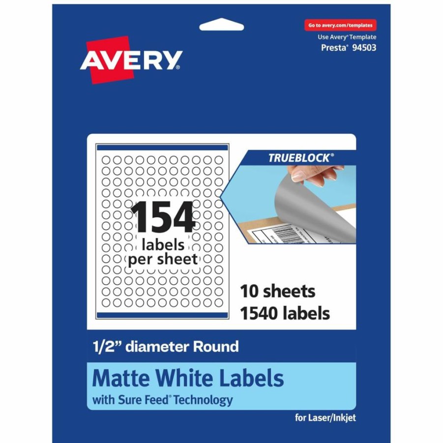 AVERY Trueblock Matte White Round Labels 0.5" - 1,540 Pack, Sure Feed Technology, Laser/Inkjet Printable, Edge-to-Edge Printing, Ideal for Product Stickers & Merchandising