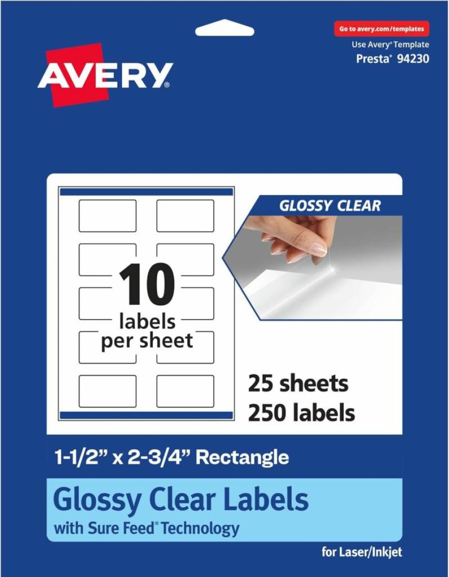 Avery Glossy Clear Rectangle Labels 1.5" x 2.75" - 50 Pack, Sure Feed Technology, Print-To-The-Edge for Laser/Inkjet Printers
