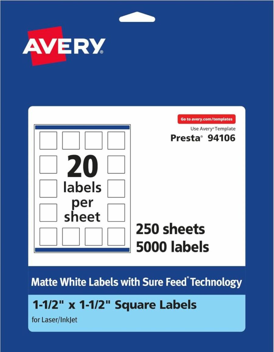 Avery Matte White 1.5" x 1.5" Square Labels with Sure Feed Technology, 500-Pack, Printable for Inkjet/Laser Printers