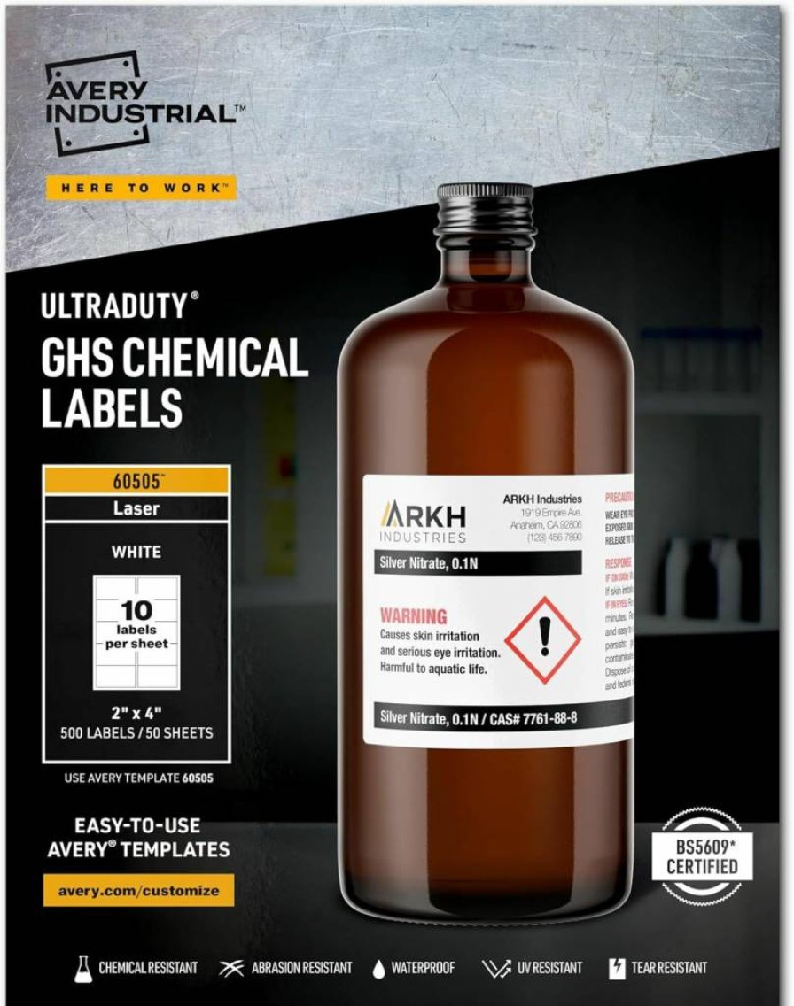 AVERY 60505 Ultraduty GHS Chemical Labels for Laser Printers, 2" x 4", Waterproof & UV Resistant, 500-Pack, Durable Adhesive for Industrial Use