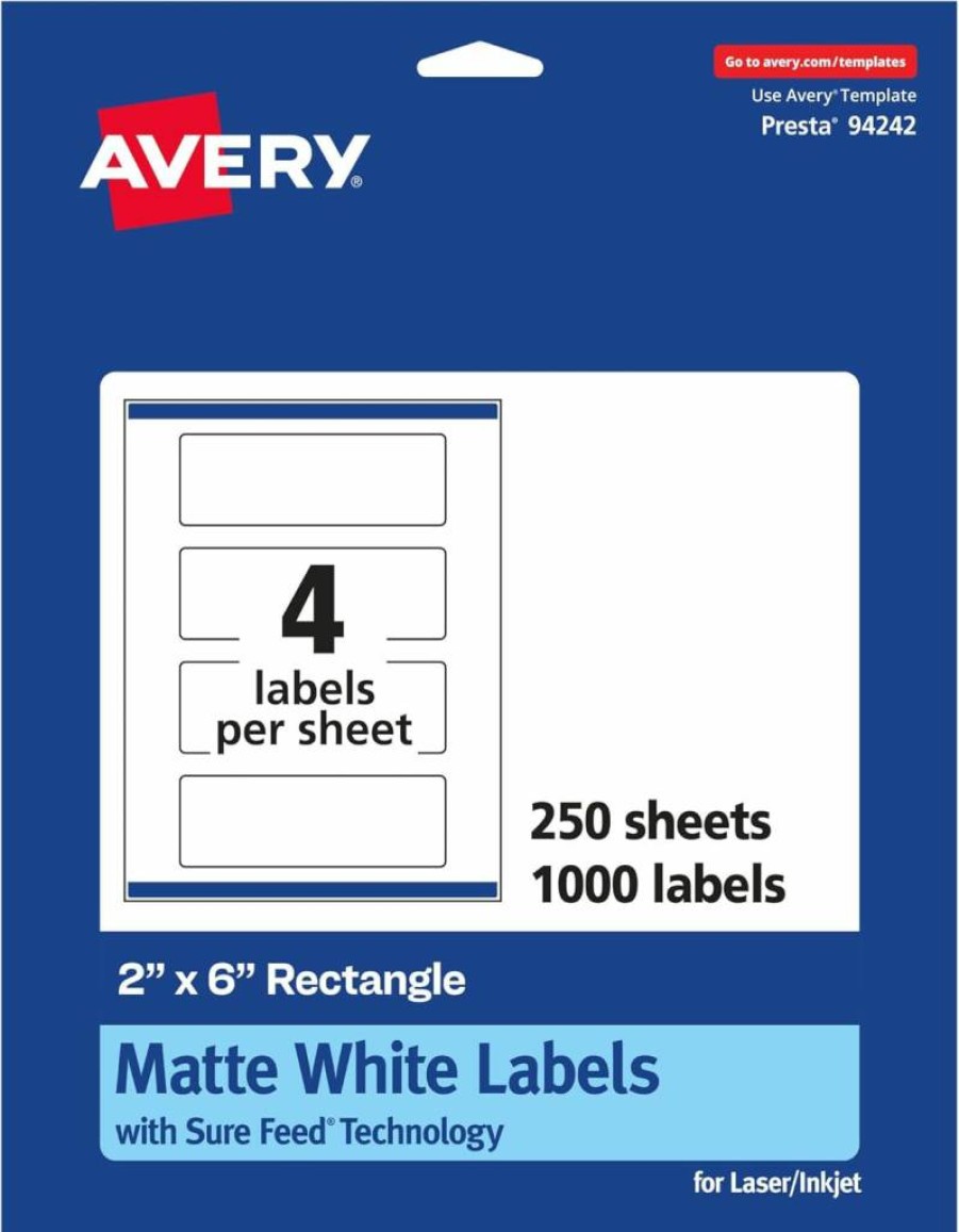 Avery Matte White 2" x 6" Rectangle Labels with Sure Feed Technology - 100 Printable Matte Finish Stickers for Laser & Inkjet Printers