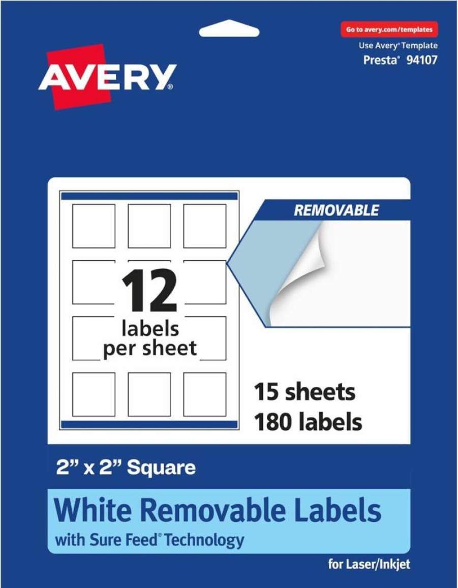 Avery Matte White Removable Labels 2" x 2" - 180 Pack, Sure Feed for Laser/Inkjet Printers, Print to Edge, Square Stickers for Home & Office