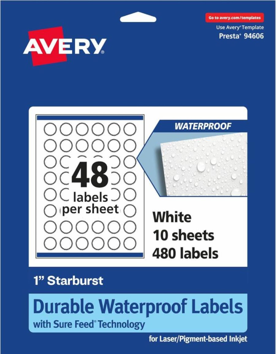 Avery Sure Feed Waterproof Labels 1" Starburst, 480 Pack, Tear & Oil Resistant, Laser/Inkjet Printable, Print-To-The-Edge Durable Labels