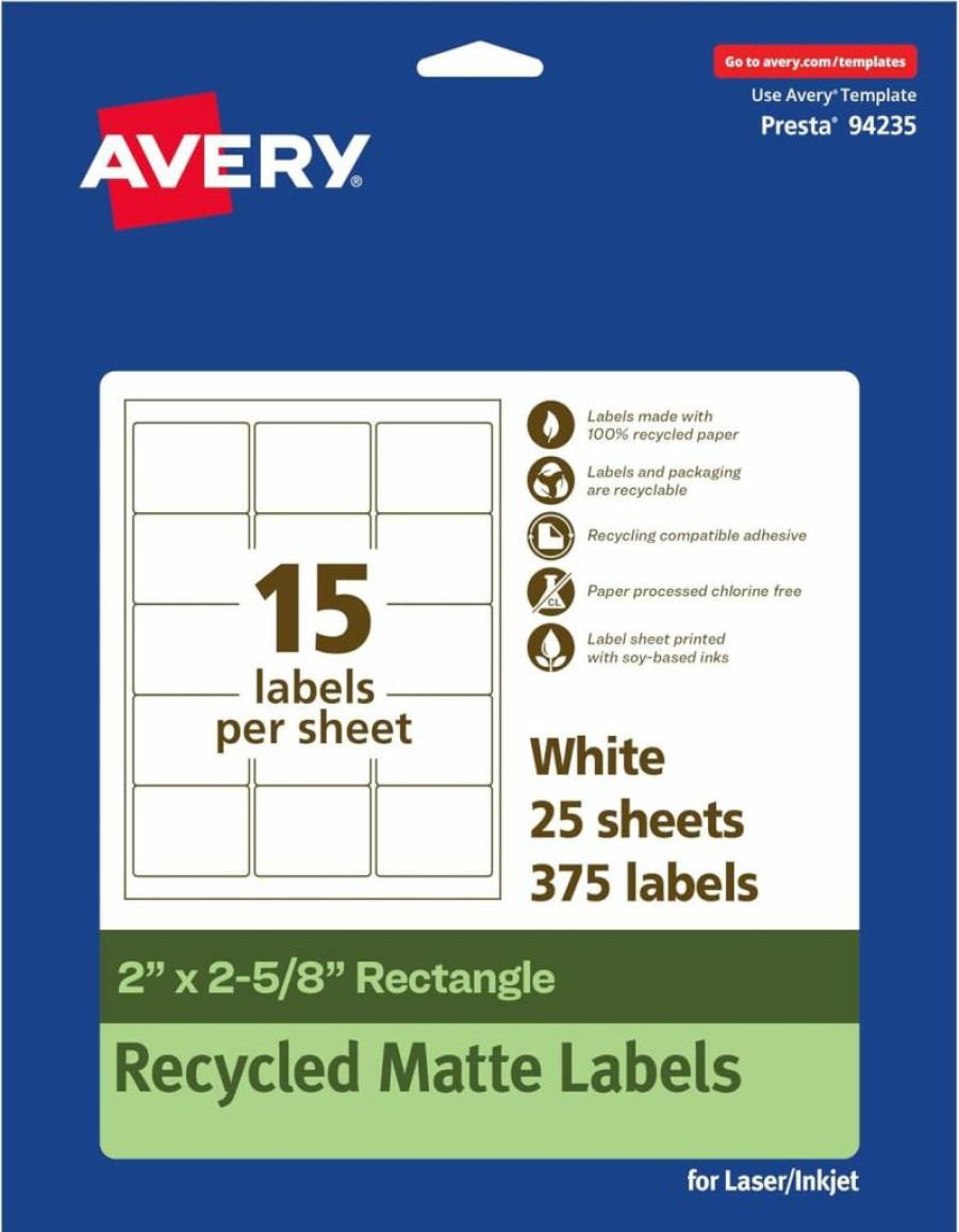 AVERY Recycled Matte White Labels 2" x 2-5/8" - Eco-Friendly Permanent Adhesive, Laser/Inkjet Printable, 375 Pack