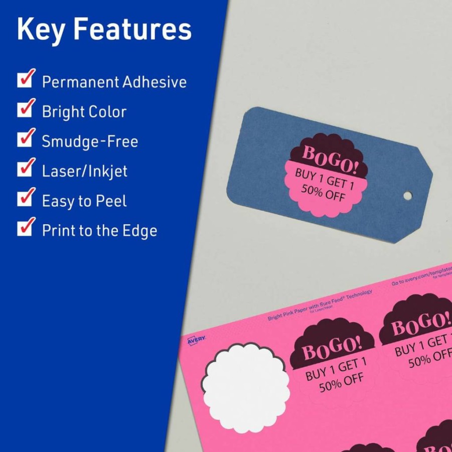 AVERY Bright Pink Printable Round Scalloped Labels, 2-1/2" Diameter, Sure Feed Technology, Laser/Inkjet Compatible, Print-To-The-Edge Design, 90-Pack for Mailing Seals, Candles & Crafts