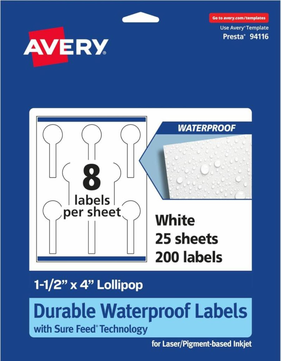 Avery Sure Feed Waterproof Lollipop Labels 1.5" x 4" - 80 Pack, Tear & Oil Resistant, Laser/Inkjet Printable, Print-to-Edge Durable Labels