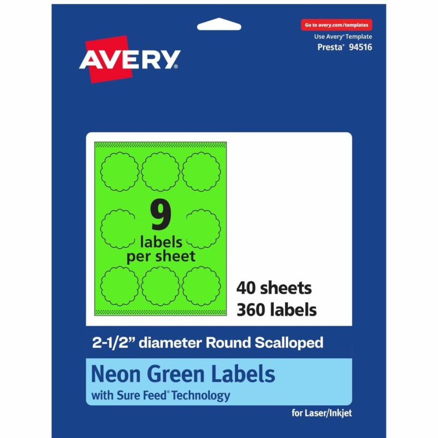 Avery Neon Green Printable Round Scalloped Labels, 2-1/2" Diameter, 90-Pack, Sure Feed Technology, Laser/Inkjet Compatible, Print-To-The-Edge for Mailing Seals & Candles