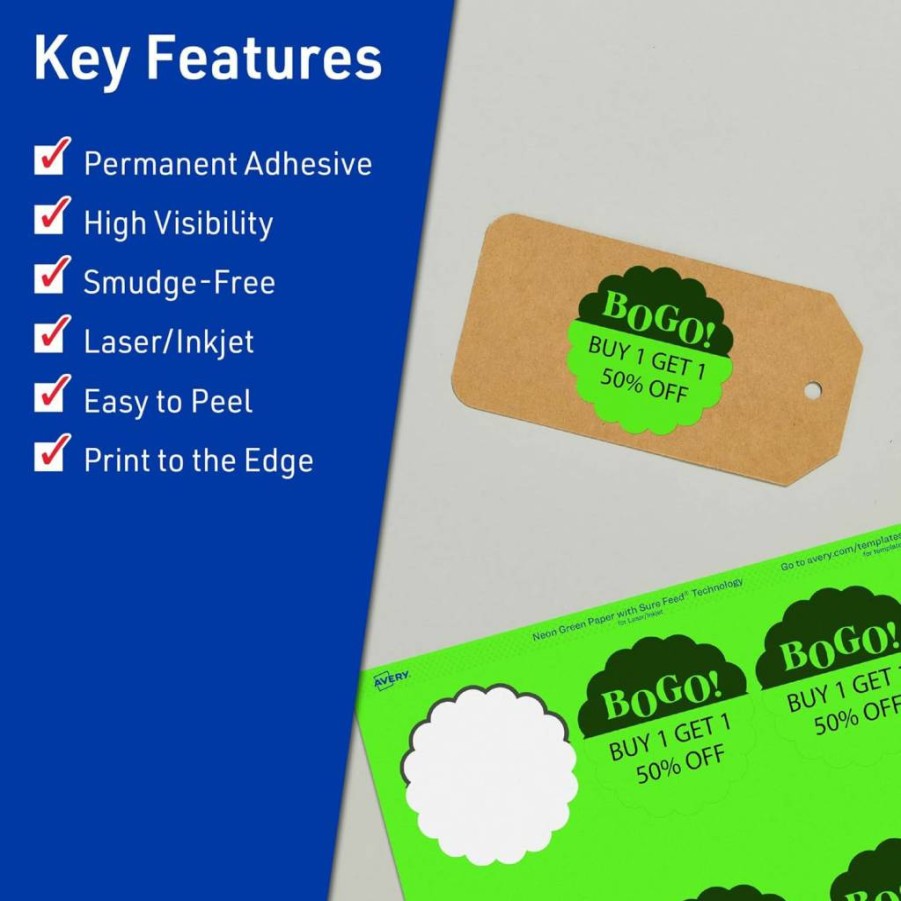 Avery Neon Green Printable Round Scalloped Labels, 2-1/2" Diameter, 90-Pack, Sure Feed Technology, Laser/Inkjet Compatible, Print-To-The-Edge for Mailing Seals & Candles