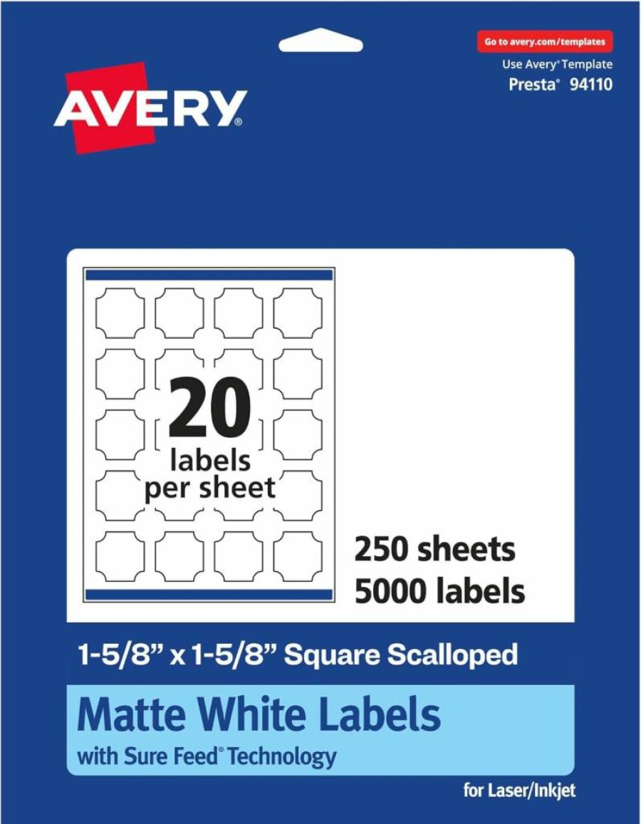 Avery Matte White 1-5/8" x 1-5/8" Scalloped Square Labels with Sure Feed Technology, 500 Printable Self-Adhesive Stickers for Inkjet & Laser Printers
