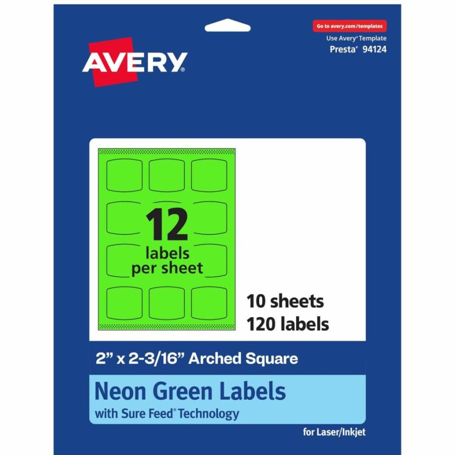 AVERY Neon Green Printable Arched Square Labels, 2" x 2-3/16", Sure Feed Technology, 240-Pack, Laser/Inkjet Compatible, Print-To-The-Edge for Cosmetics & Soaps