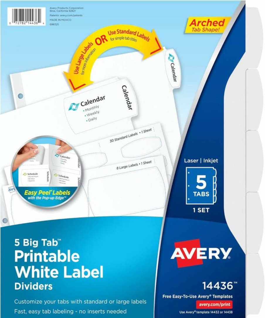AVERY 5-Tab Printable White Binder Dividers with Easy Peel Labels, 20 Sets (14434) for 3-Ring Binders