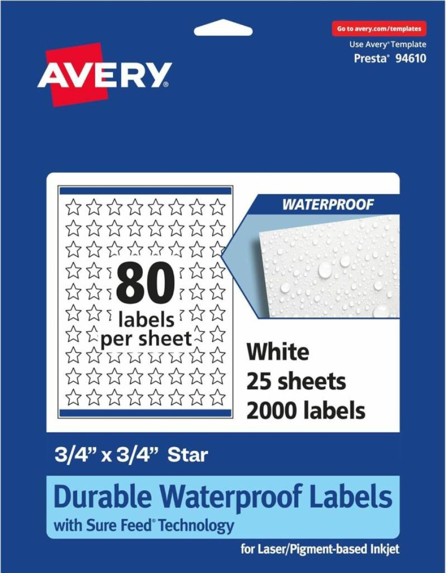 Avery Waterproof Star Labels 0.75" x 0.75" - 800 Pack, Tear & Oil Resistant, Laser/Inkjet Printable, Sure Feed Technology, Print-To-The-Edge Durable Labels