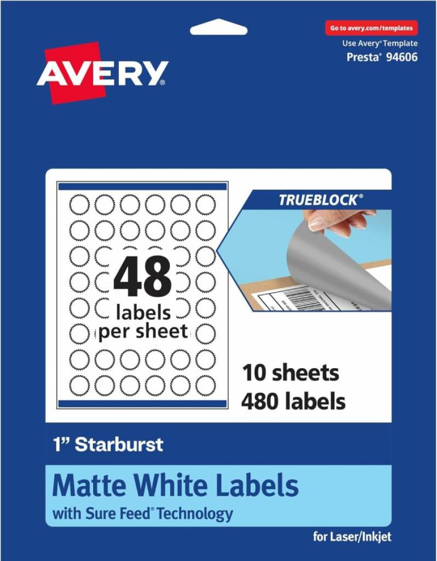 Avery TrueBlock Matte White Starburst Labels 1" - 2,400 Pack, Sure Feed Technology, Laser/Inkjet Printable, Print-to-Edge Design for Packaging & Product Branding