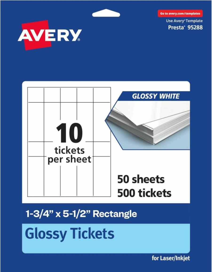AVERY Printable Glossy White Cardstock Tickets, 1.75" x 5.5" Rectangle, Laser/Inkjet Compatible, 500-Pack