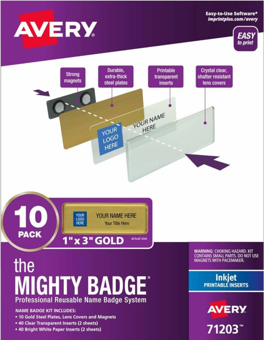 AVERY 71203 Gold Name Tags - 1" x 3" Mighty Badge with 10 ID Badges & 80 Inserts for Inkjet Printers